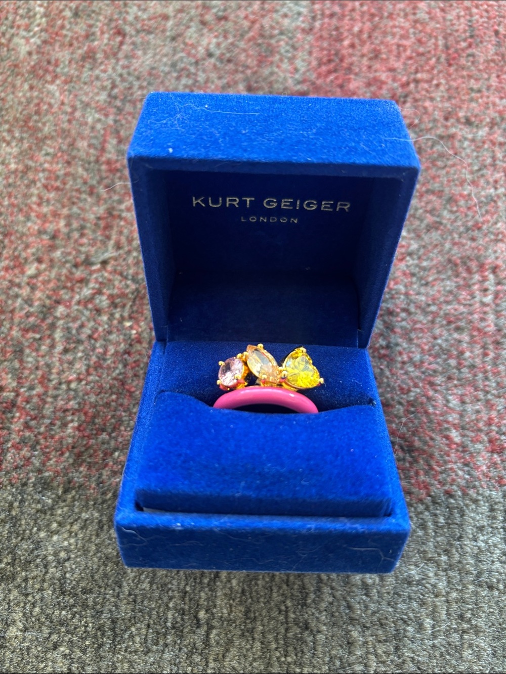 Kurt Geiger Pink Enamel Ring with Yellow and Pink Crystals - Sz 6